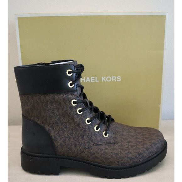 Michael Kors Women Sz 8M Brown/Blck Alistar Lace-Up Lug Sole Combat Booties $160 - Picture 3 of 8